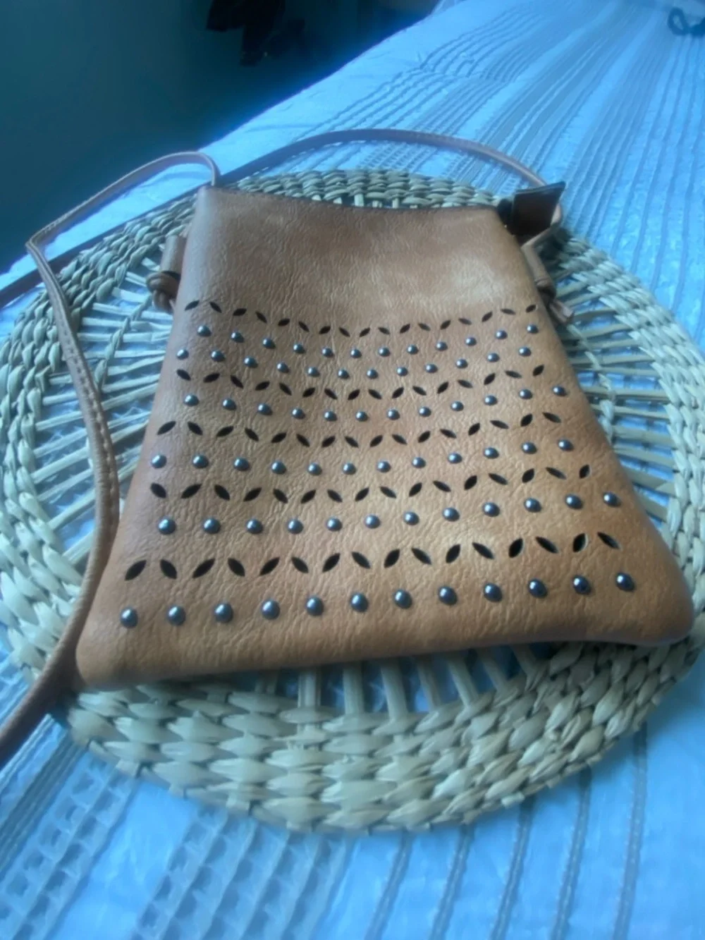 Women’s Tan Crossbody Bag with Studded Laser-Cut Detail Vegan Leather